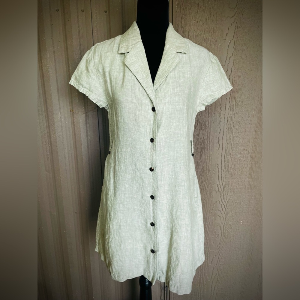 Tahari 100% Linen Button Front Tunic Shirt Dress Pockets Belt Loops Minimalist S